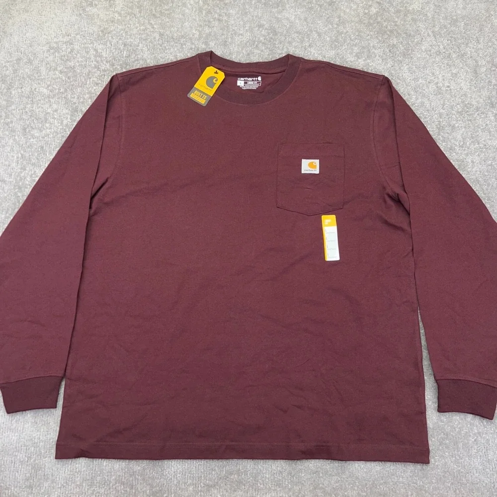 CARHARTT Men's Large Pocket T-Shirt Loose Fit Long Sleeve Maroon Workwear NWT